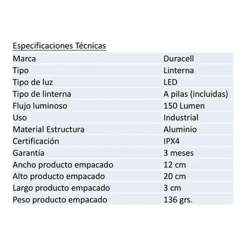 Linterna Duracell 150 L Aluminio 2aa Duracell