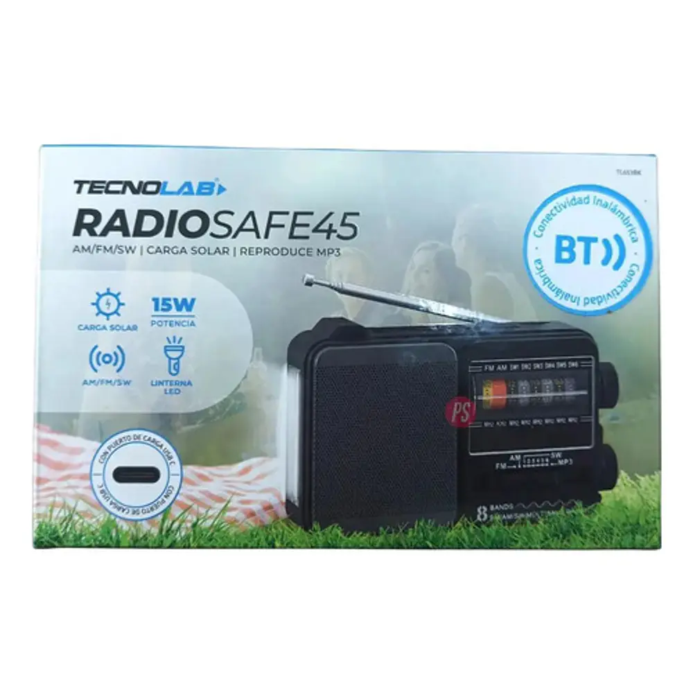Radio Portátil Solar Am/fm/sw 15w Bluetooth Con Linterna Bk Negro