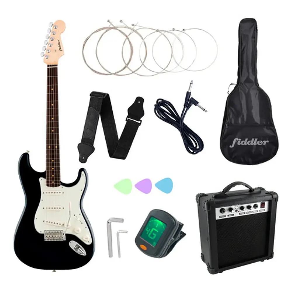 Guitarra Eléctrica Negra + Amplificador Negro Diestro Madera Fiddler