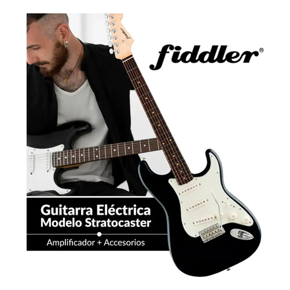 Guitarra Eléctrica Negra + Amplificador Negro Diestro Madera Fiddler