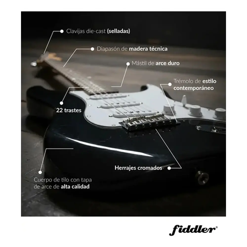 Guitarra Eléctrica Negra + Amplificador Negro Diestro Madera Fiddler