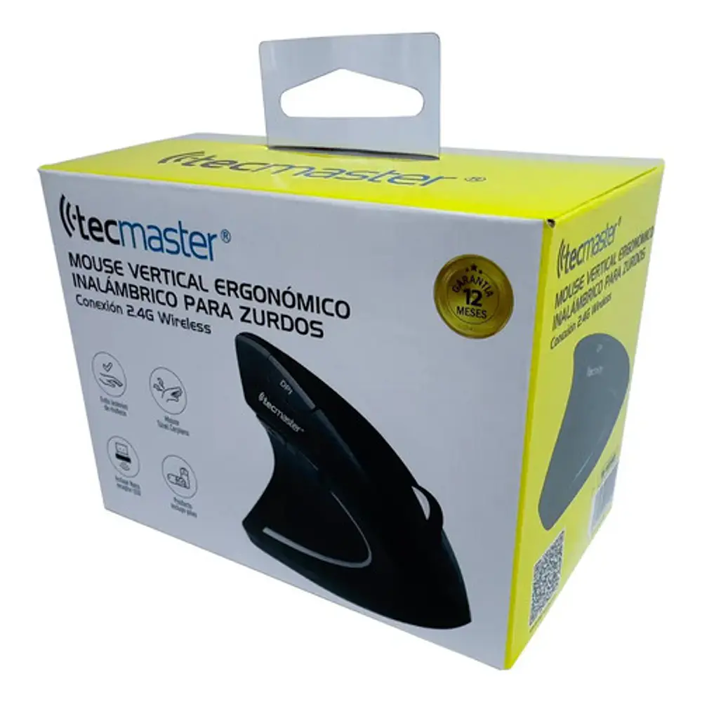 Mouse Vertical Ergonómico Inalámbrico Zurdo Tecmaster 1600 Dpi Negro
