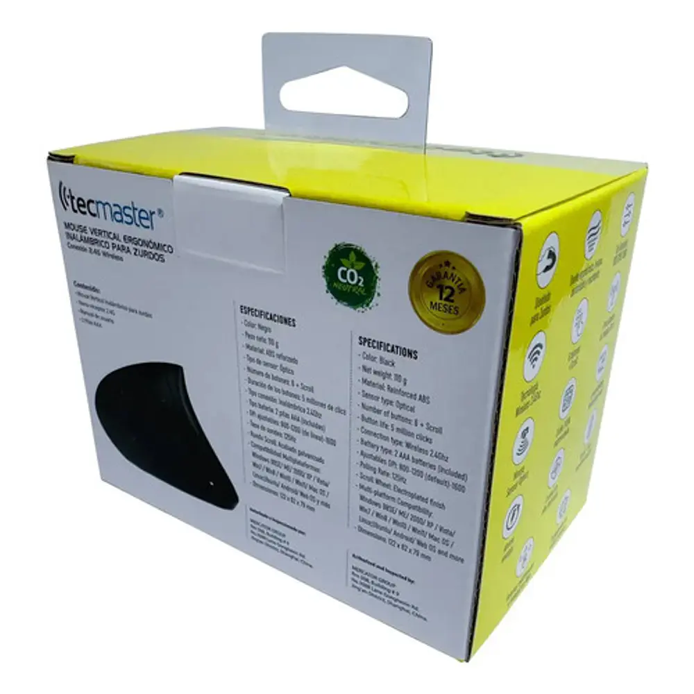Mouse Vertical Ergonómico Inalámbrico Zurdo Tecmaster 1600 Dpi Negro