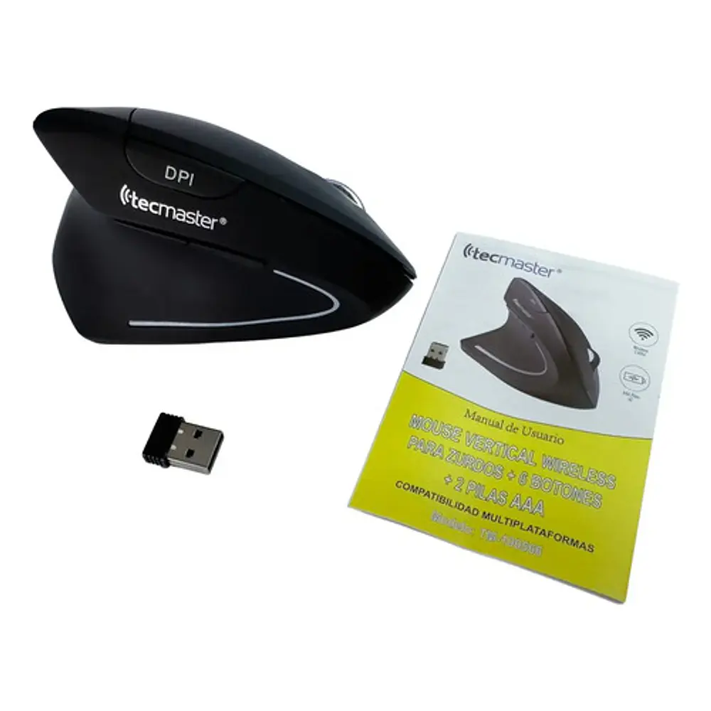 Mouse Vertical Ergonómico Inalámbrico Zurdo Tecmaster 1600 Dpi Negro