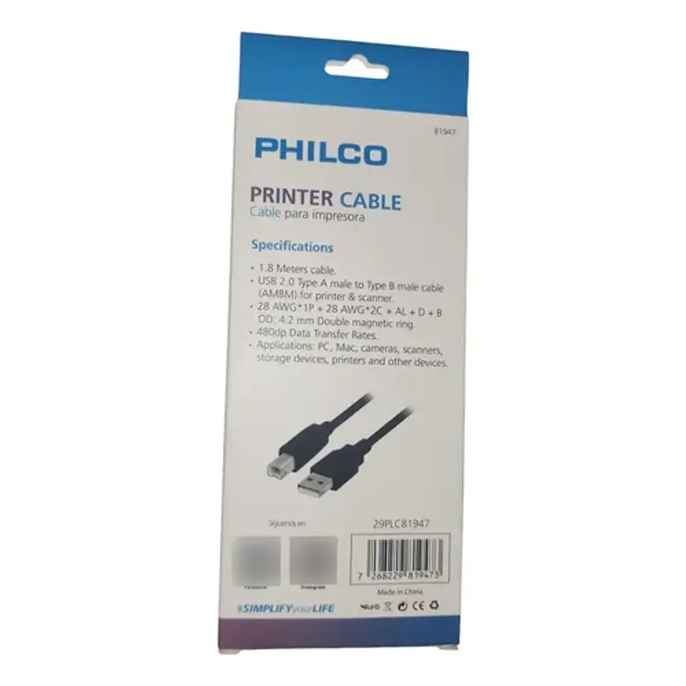 Cable Para Impresora 1.8 Mts Philco Color Negro