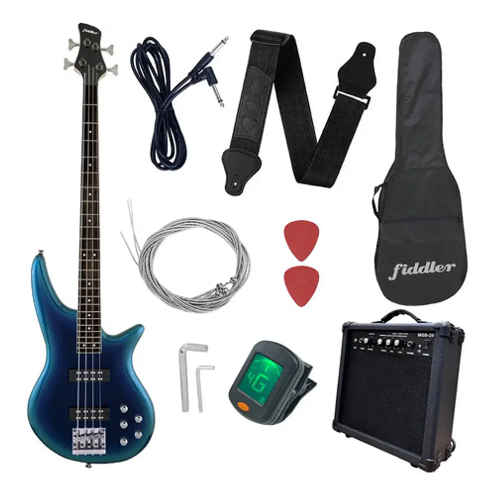 Bajo Eléctrico Azul Fiddler + Amplificador 20w Azul Azul Brillante 4 Diestro Laqueado