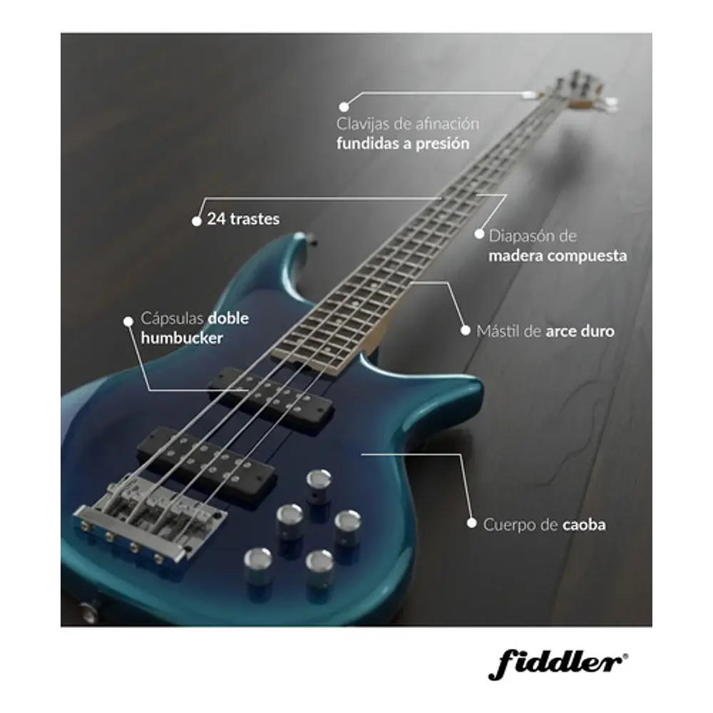 Bajo Eléctrico Azul Fiddler + Amplificador 20w Azul Azul Brillante 4 Diestro Laqueado