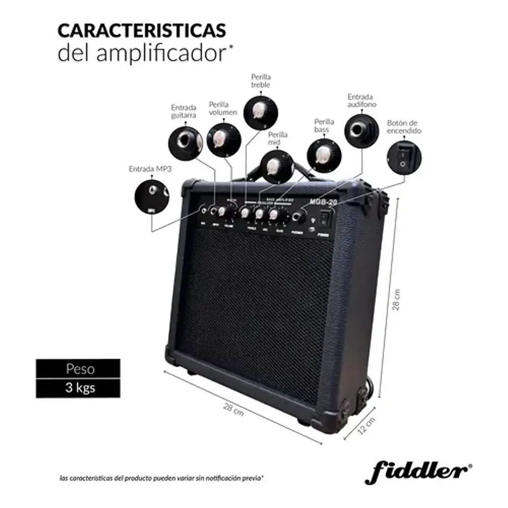 Bajo Eléctrico Azul Fiddler + Amplificador 20w Azul Azul Brillante 4 Diestro Laqueado