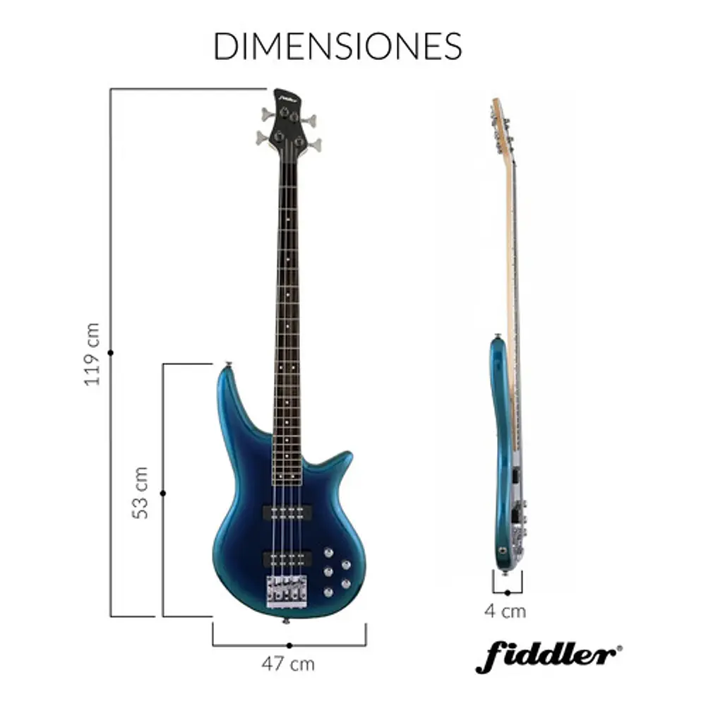 Bajo Eléctrico Azul Fiddler + Amplificador 20w Azul Azul Brillante 4 Diestro Laqueado