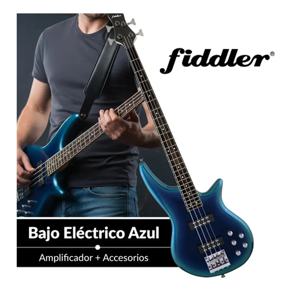Bajo Eléctrico Azul Fiddler + Amplificador 20w Azul Azul Brillante 4 Diestro Laqueado