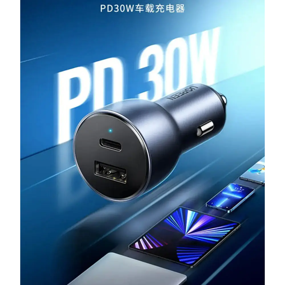 Cargador Auto Dual Ugreen 42w Max, Tipo-c 30w / Usb A 12w Gris