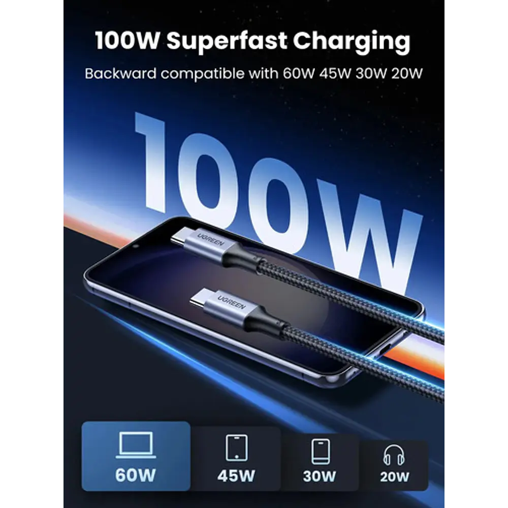 Cable Usb-c / Usb-c 3.1 Datapower 100w Max 1 Metro Reforzado Negro Ugreen Us300