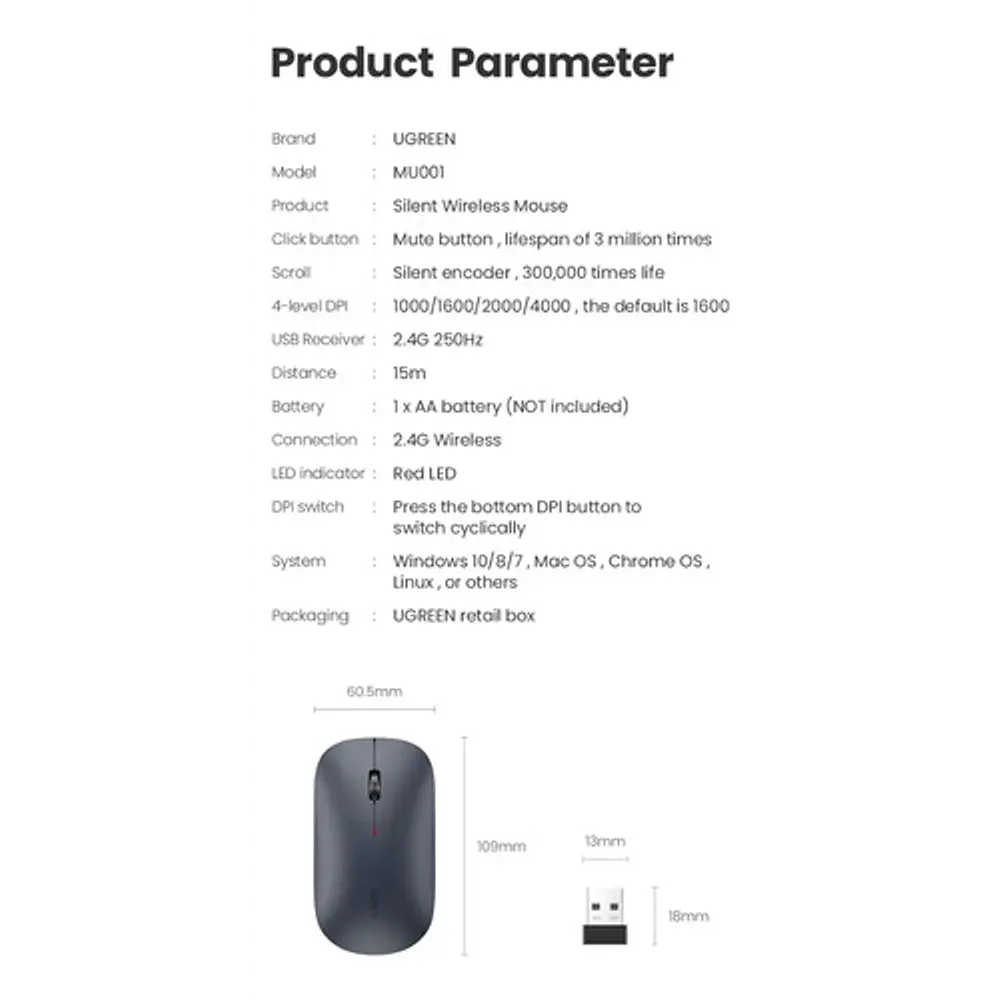 Ugreen Mouse Inalámbrico Ultradelgado Gris