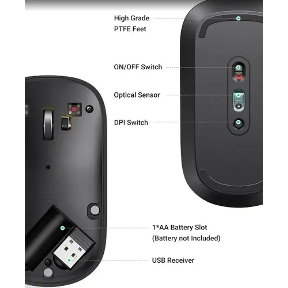 Ratón Inalámbrico Ugreen Slim, 2,4 G, 4000 Dpi, Negro