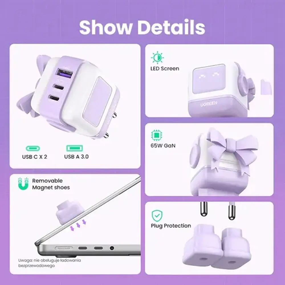 Cargador Robot GAN 65W 1 USB-A + 2 USB-C PURPURA CD361
