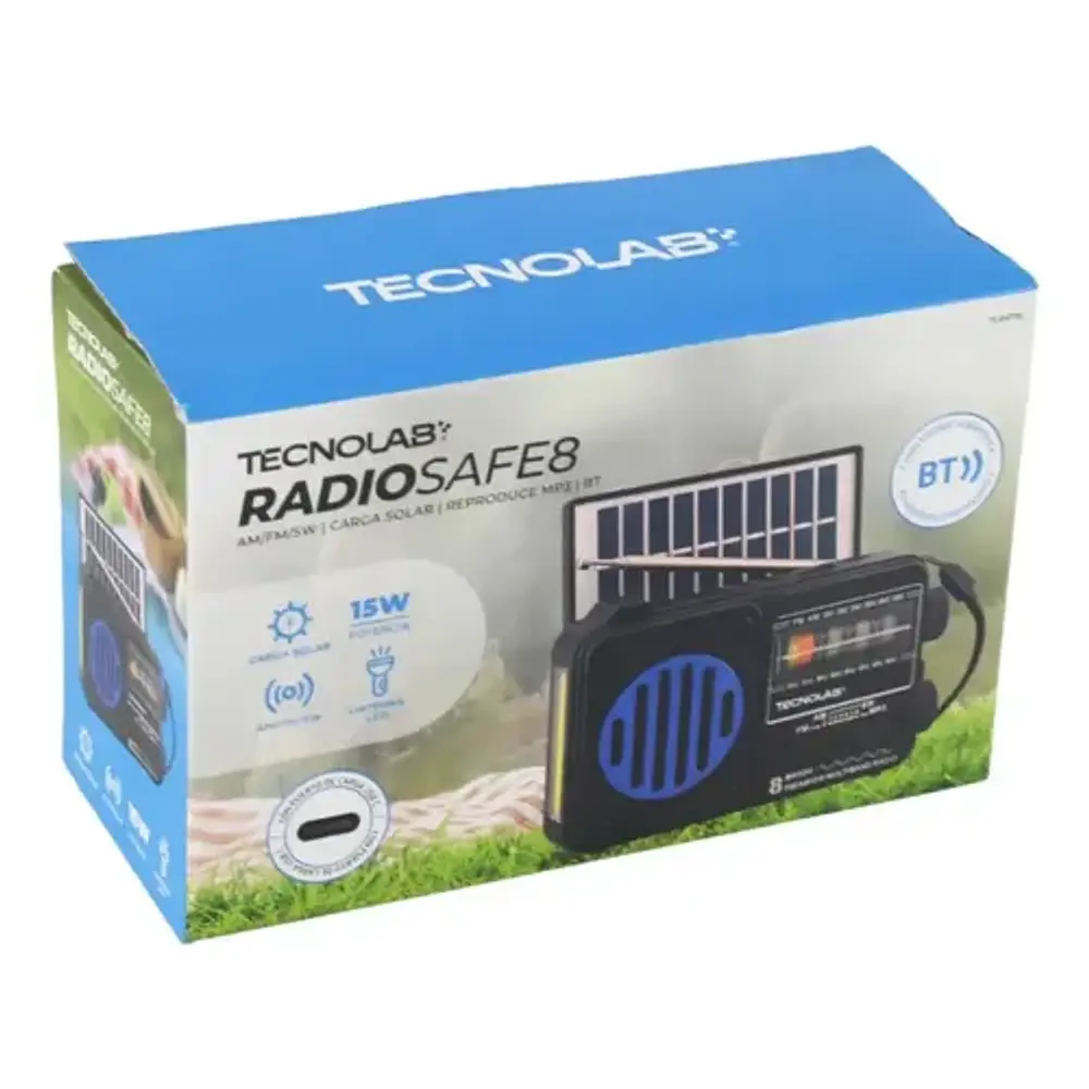 Radio Solar Bluetooth 8 Bandas Tecnolab Tl847bl Negro Con Detalles Azules