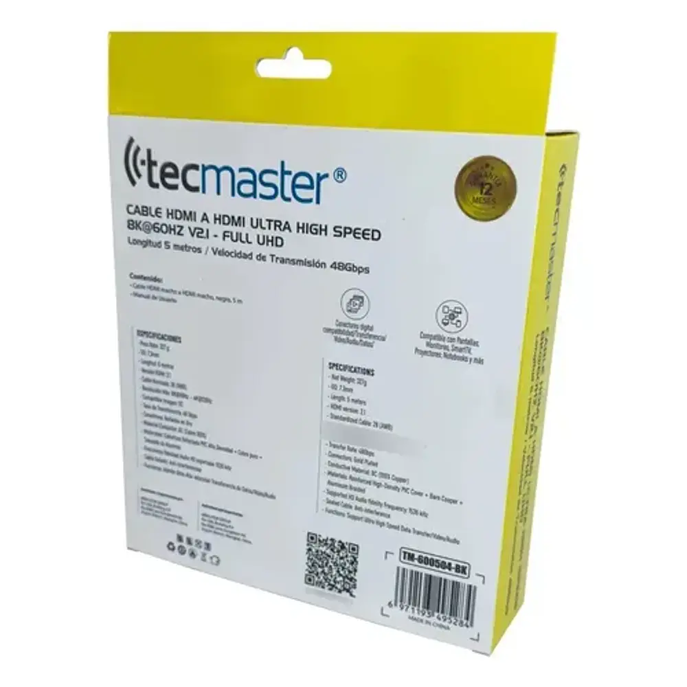 Cable Hdmi Tecmaster Uhd 8k 5 Metros 60hz Tm-600504 Negro