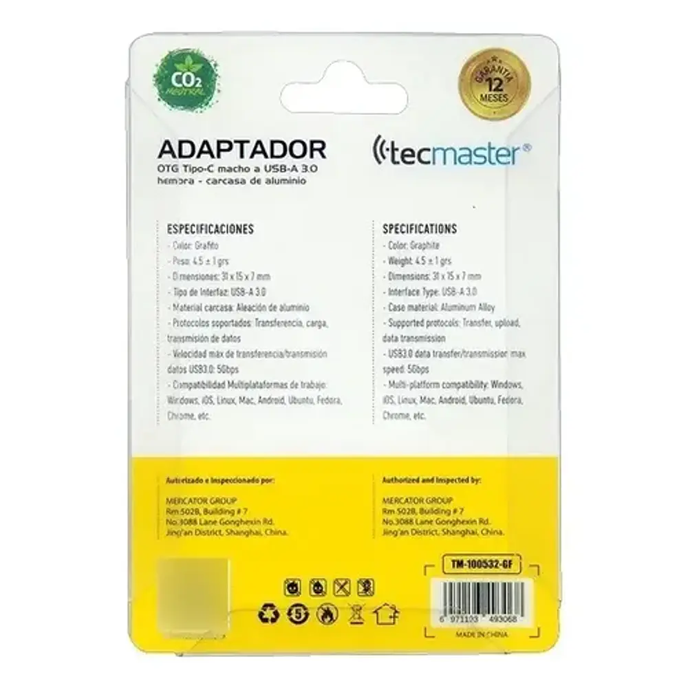 Adaptador OTG Tecmaster TM-100-532-GF tipo C macho a USB 3.0 hembra