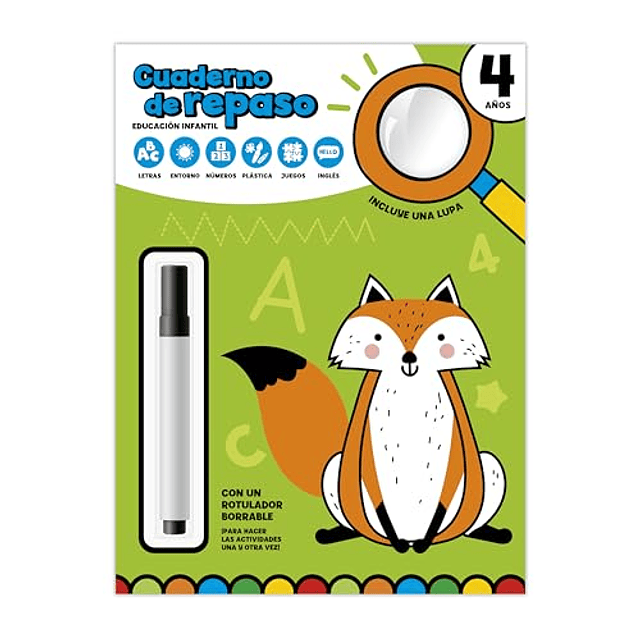 CUADERNO DE REPASO 4 AÑOS CON LUPA Y ROTULADOR BORRABLE