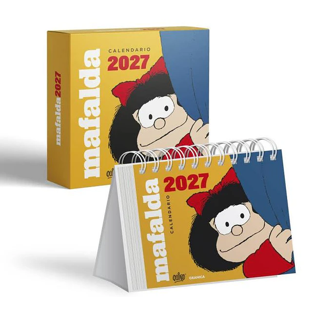 Mafalda 2027 | calendario de escritorio amarillo con caja