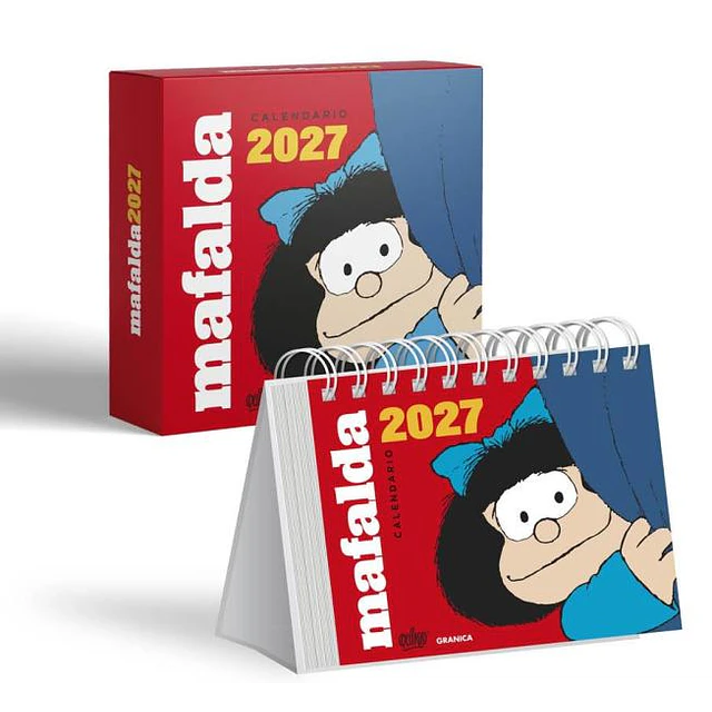 Mafalda 2027 | calendario de escritorio rojo con caja