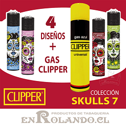 Pack Oferta Clipper 4 Encendedores + Gas Universal 300 ml. (Colección Skulls 7)