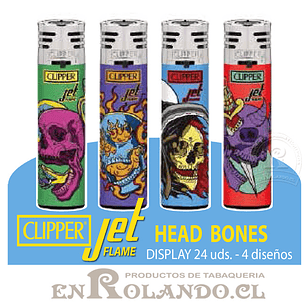 Encendedor Clipper Jet Flame - Head Bones - 24 Uds. Display