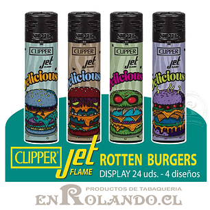Encendedor Clipper Jet Flame - Rotten Burgers - 24 Uds. Display