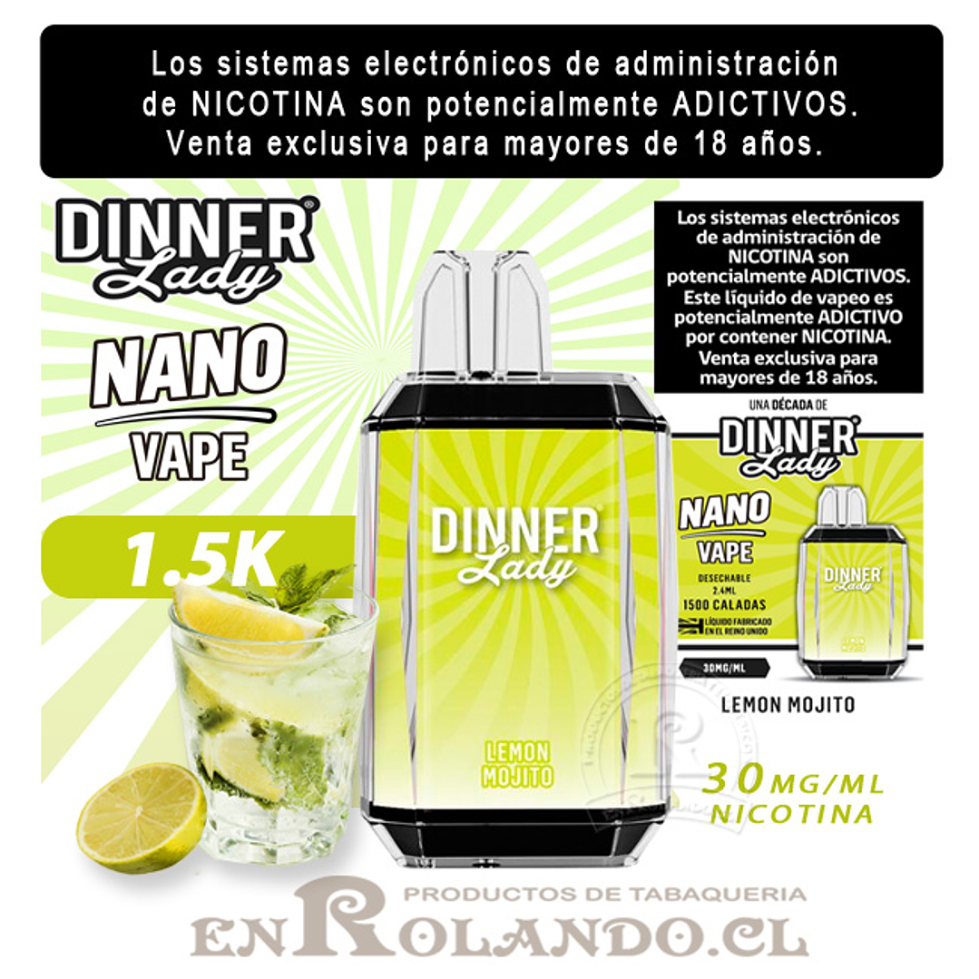 Vape Dinner Lady Nano Vape 1.5K - Lemon Mojito ($3.990 x Mayor) 1.500 Puffs  1