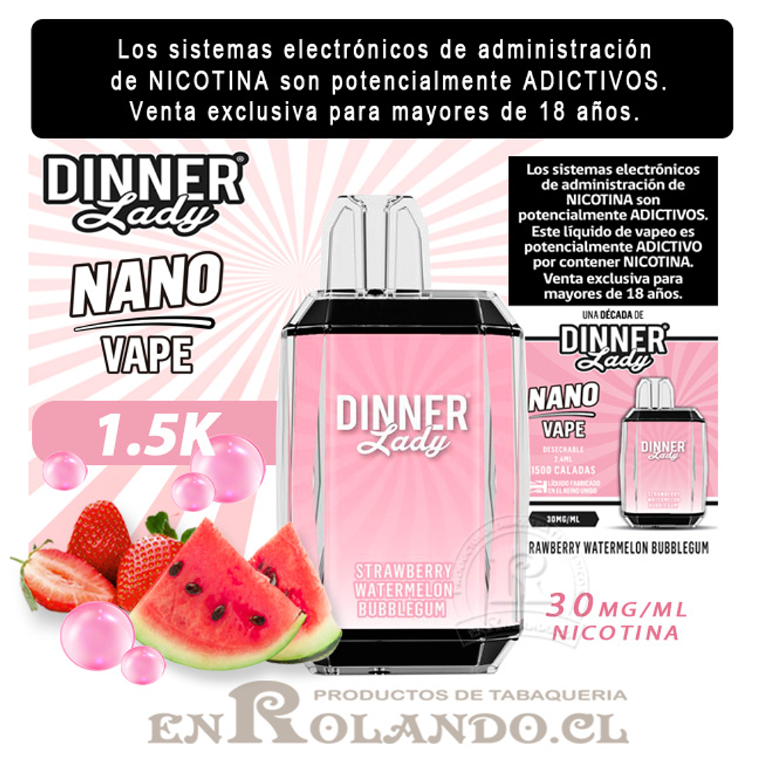 Vape Dinner Lady Nano Vape 1.5K - Straberry Watermelon Bubblegum ($4.490 x Mayor) 1.500 Puffs  1