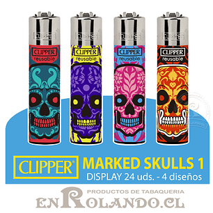 Encendedor Clipper Colección Marked Skulls 1 - 24 Uds. Display
