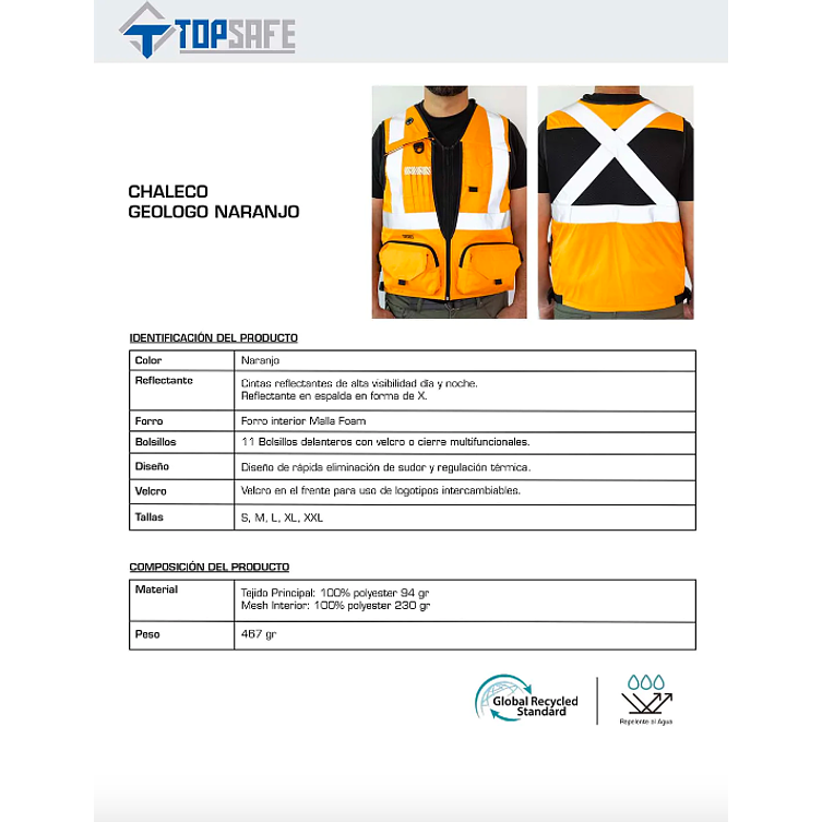 Chaleco Geólogo Minero Naranjo 360 Alta Visibilidad 4