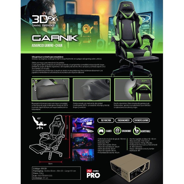 Silla Gamer 3dfx Garnik Advanced - Verde Negro