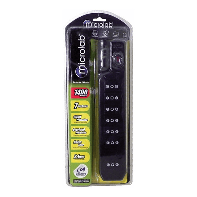 Alargador Con Protección Sobrevoltage 2,1 Mts - Negro - Mlab