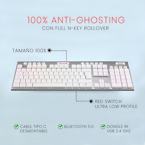 Teclado Mecánico Gamer Redragon Horus K618w-rgb, Wireless, Full Size, Red Switch 9