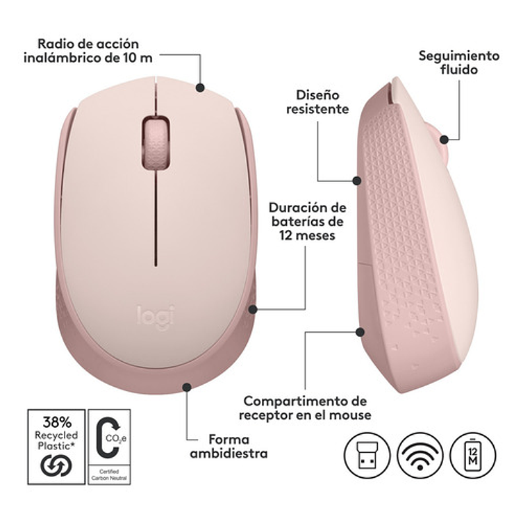 Mouse Inalambrico Logitech M170 Rosado Color Rosa 7