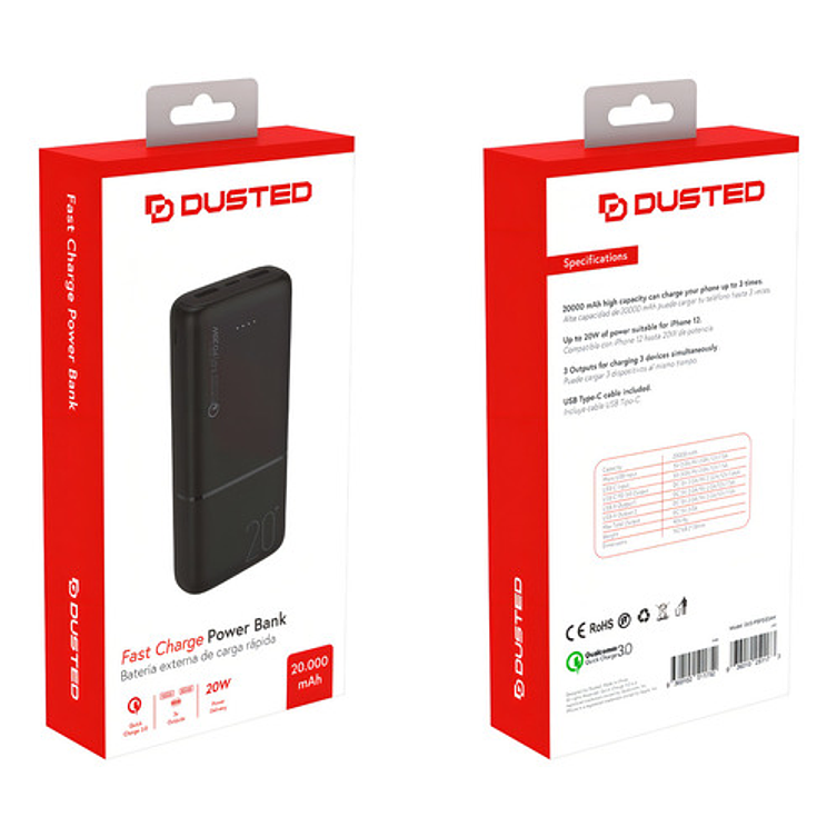 Bateria Externa De Carga Rápida 20w 20.000 Mah Dusted Negra Color Negro 4