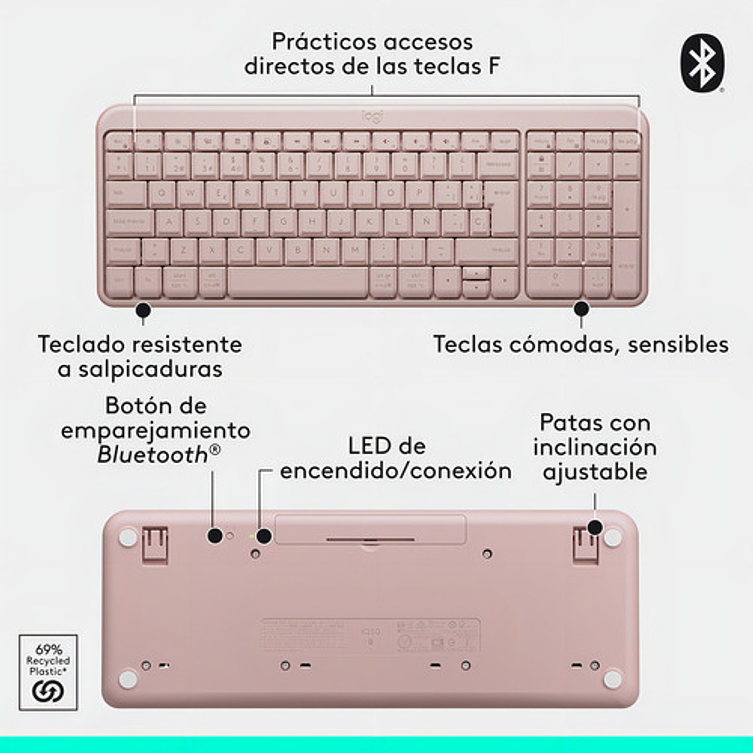 Teclado Inalámbrico Bluetooth Logitech K250 Rosado Rosa Español España 7
