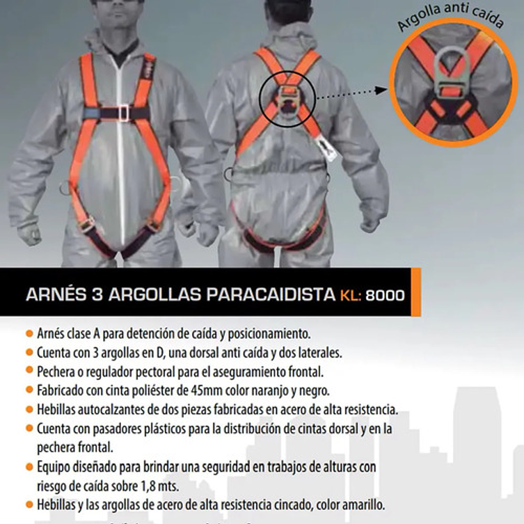 Arnés Paracaidista 3 Argollas Kl-8000 Talla Xl Certificado Naranja 3