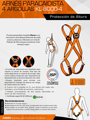 Arnés Paracaidista 4 Argollas Kl-8000-4 TALLA M-L Negro