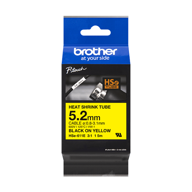 Cinta Tubo Brother HSE-611E 5.2mm x 1.5mm Termoretractil Negro Sobre Amarillo