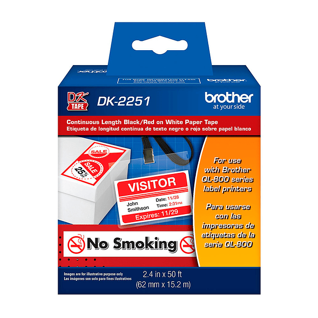 Etiqueta Brother DK-2251 62MM X 15.2 MTS  Negro Y Rojo Sobre Fondo Blanco
