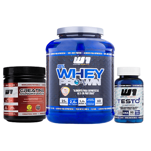PROTEÍNA WHEY PRO-WIN 2KG + CREATINA MONOHIDRATADA 300G +  TESTO 90 CÁPS. 1