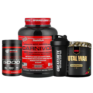 PROTEÍNA CARNIVOR + CREATINA MONOHIDRATADA + PRE ENTRENO TOTAL WAR Y SHAKER DE REGALO