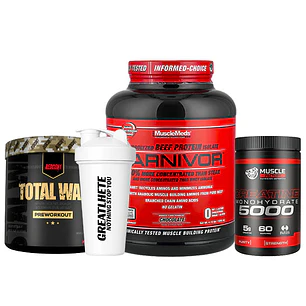 PROTEÍNA CARNIVOR + CREATINA MONOHIDRATADA + PRE ENTRENO TOTAL WAR Y SHAKER DE REGALO