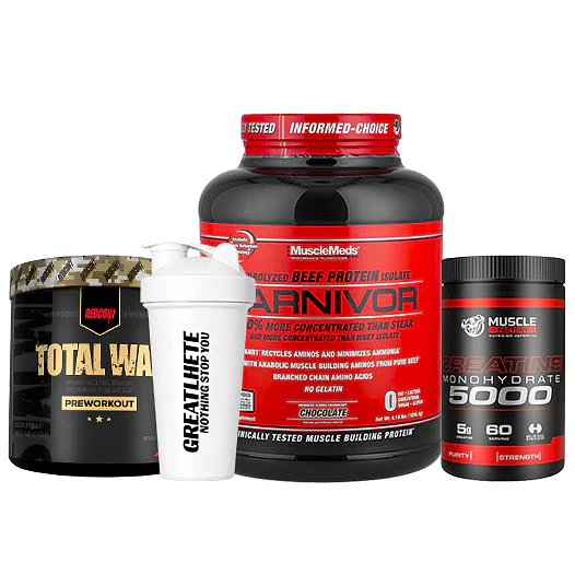 PROTEÍNA CARNIVOR + CREATINA MONOHIDRATADA + PRE ENTRENO TOTAL WAR Y SHAKER DE REGALO 1
