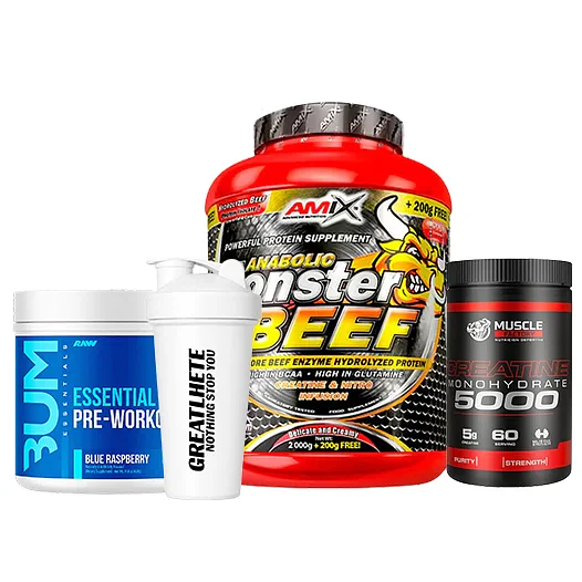 PROTEÍNA ANABOLIC MONSTER BEEF + CREATINA 300GR + BUM PRE-WORKOUT Y SHAKER DE REGALO 2