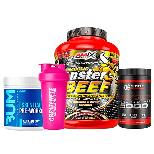 PROTEÍNA ANABOLIC MONSTER BEEF + CREATINA 300GR + BUM PRE-WORKOUT Y SHAKER DE REGALO 3