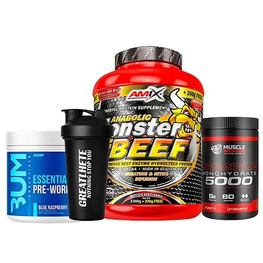 PROTEÍNA ANABOLIC MONSTER BEEF + CREATINA 300GR + BUM PRE-WORKOUT Y SHAKER DE REGALO 1