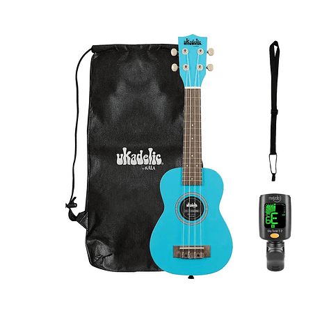 Full Pack Ukelele Ukadelic Kala Soprano Blue Yonder + Afinador Cromático Clip + Correa para Ukelele Allegro